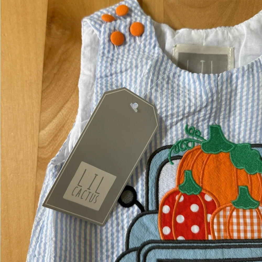 Lil Cactus Boys Fall Seersucker Romper Blue White 12-18 mo Fall Pumpkin Truck